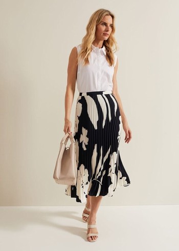 Phase Eight Elmina Floral Pleated Skirts Navy/White Australia | TM5034278